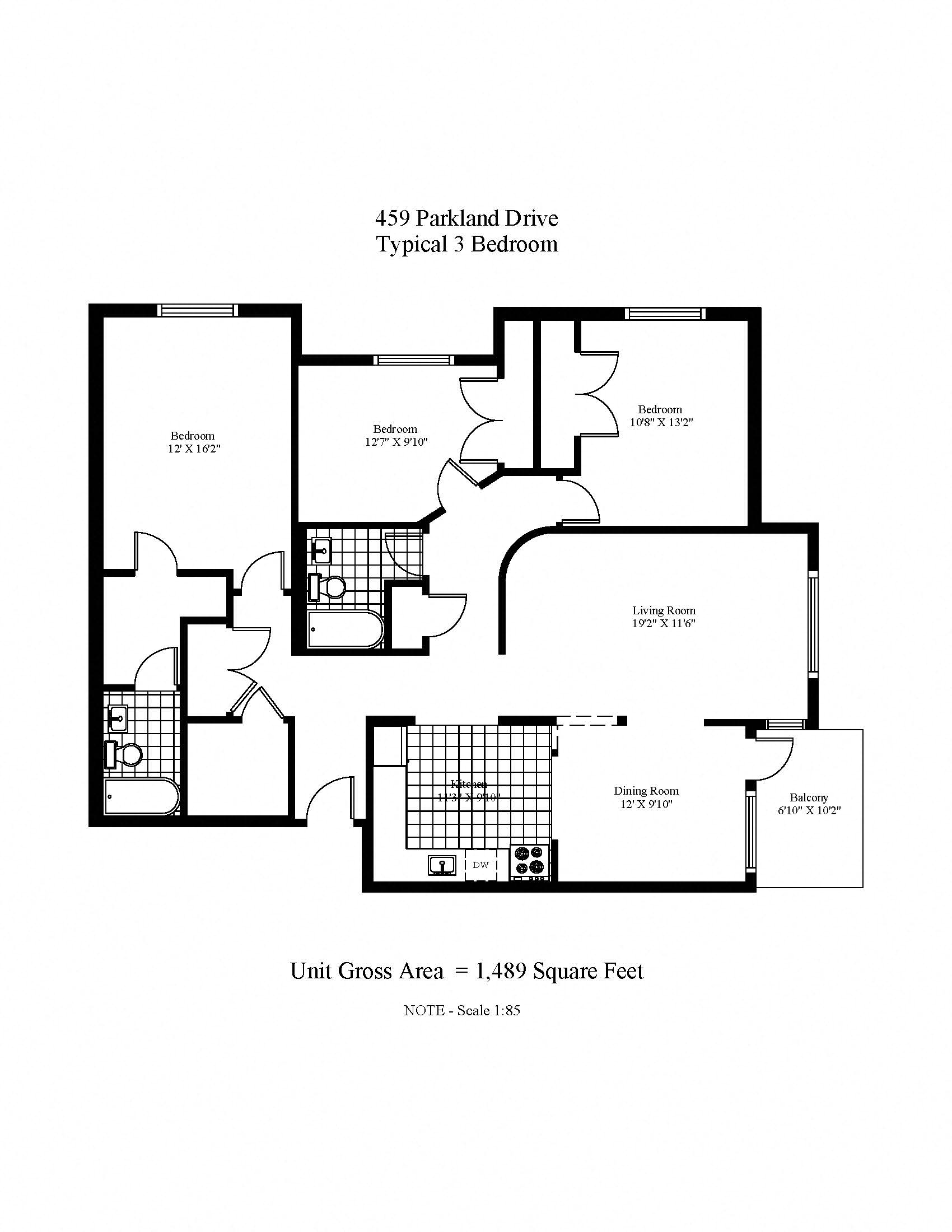 Floor plan for 3 beds, 2 baths, 1489 sqft